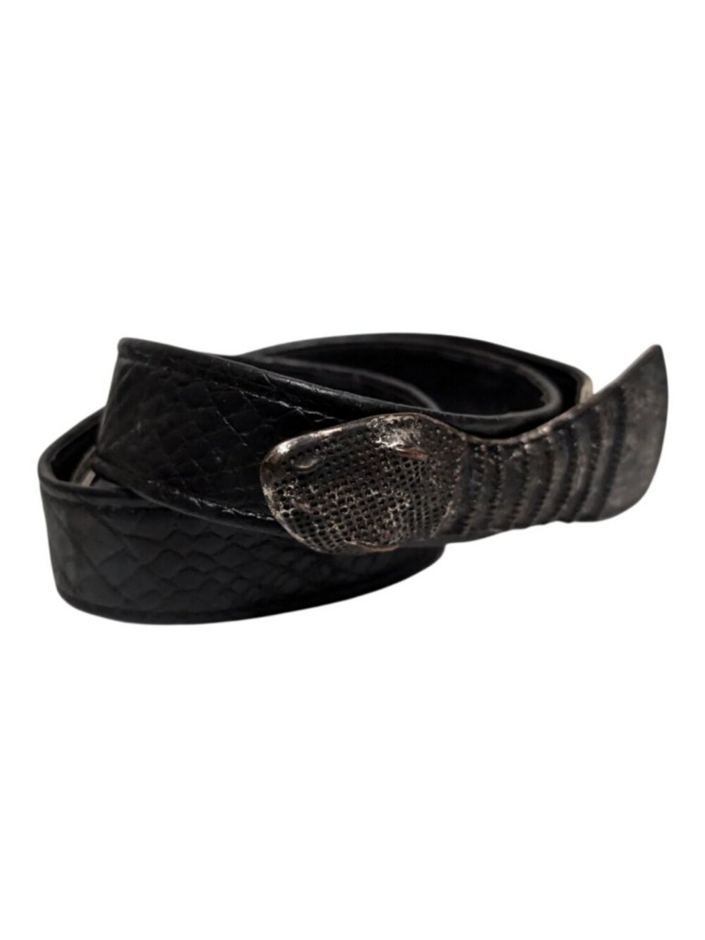 Womens Black Leather Snake Buckle Belt Reptile Embossed Silver Tone Serpent S/M